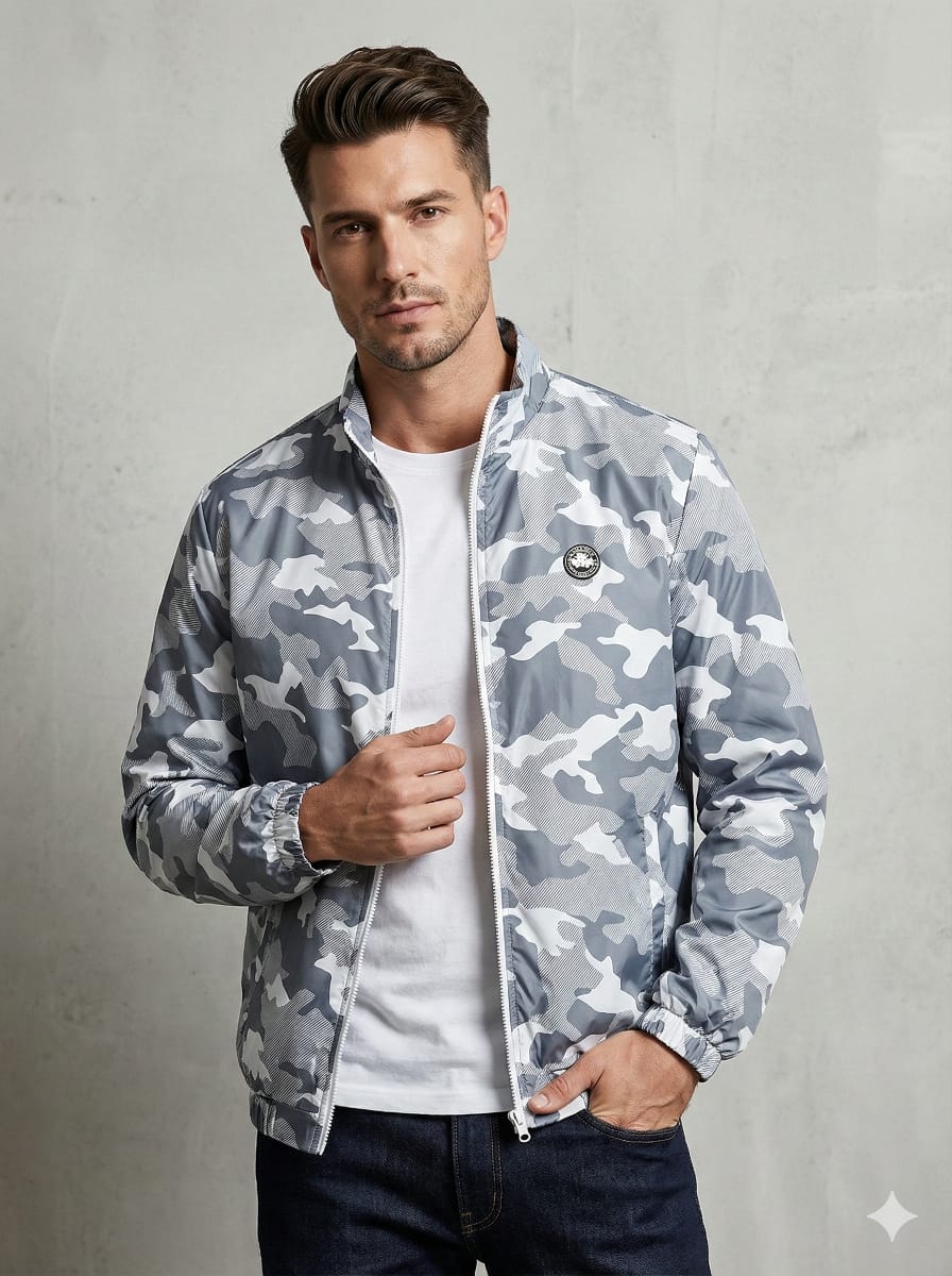 Allen Solly Men’s Grey Camo Lightweight Zip-Up Bomber Jacket